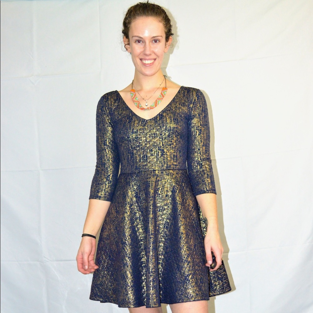 Navy & Gold 3/4 sleeve stretch skater dress XS